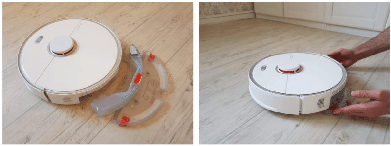 Attaching the water tank and wiping plate to the robot vacuum from behind.